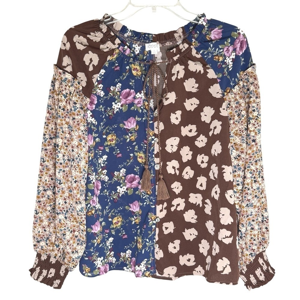 Oddi S Boho Patchwork Floral Animal Print Smocked Ruffle Peasant Top